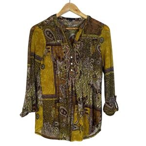 Ava & Grace Patchwork Paisley Collared Button Shirt Women Size S Yellow Brown